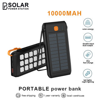 PB Solar Portable Power Bank Charger 10000mah PD 20W Fast Charging Solar Charging Outdoor Power Supply  With LED Light Portable Waterproof And Fall-Proof